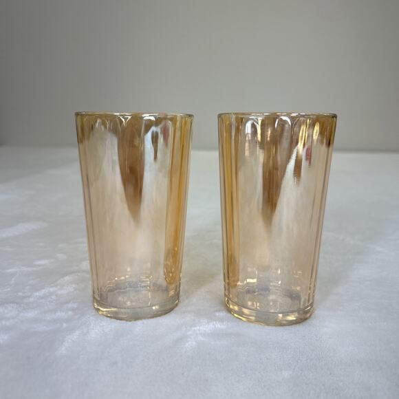 2 Vintage Peach Marigold Iridescent Carnival Glass Tumbler 5" Replacements Chrty - Picture 3 of 9